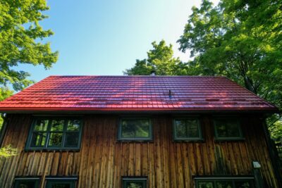 Hy-Grade-Steel-Roofing-System-Metal-Roofing-See-Our-Work-Tile-Red-2-story-style cottage-style-with blue sky with brown log-vertical- siding