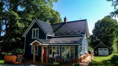 Hy-Grade Steel and Metal Roof in the colour Black. The house is cottage style with a sunroom with lots of windows in the front right of the photo. The home has wood accents with blue siding and a sunny blue-sky background