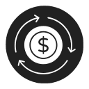 White dollar sign with circle arrows around it in a dark grey circle background