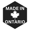 Made in Ontario sign with a maple leaf in the center. Manufactured and installed in Ontario, by Ontarians